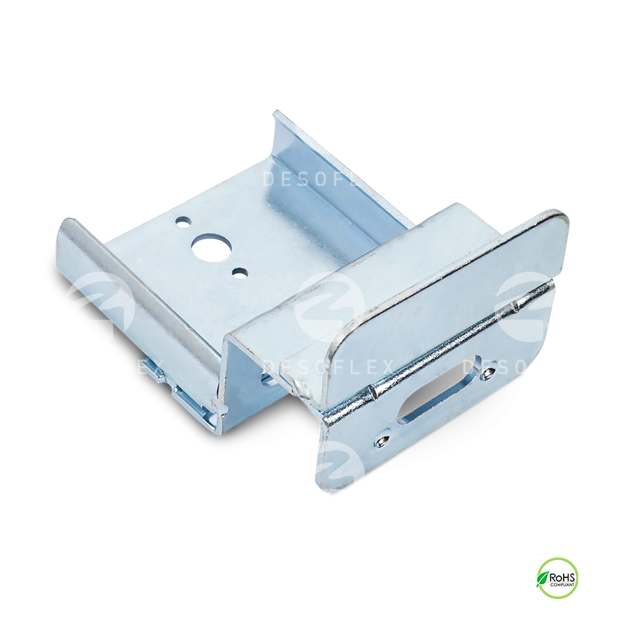 Small-wheel roller track bracket with tab stop